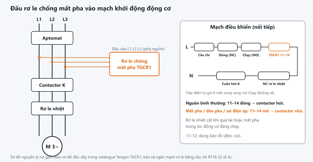 Sơ đồ đấu rơ le chống mất pha với contactor và rơ le nhiệt