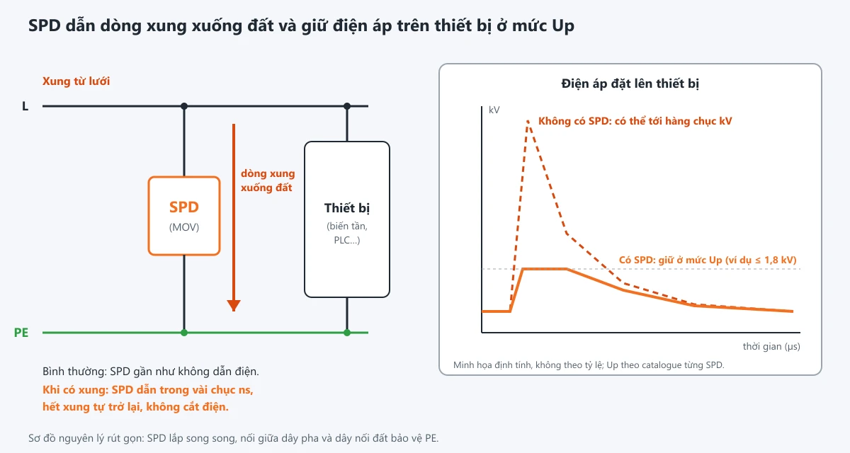 SPD dẫn xung xuống đất và giới hạn điện áp đặt lên thiết bị
